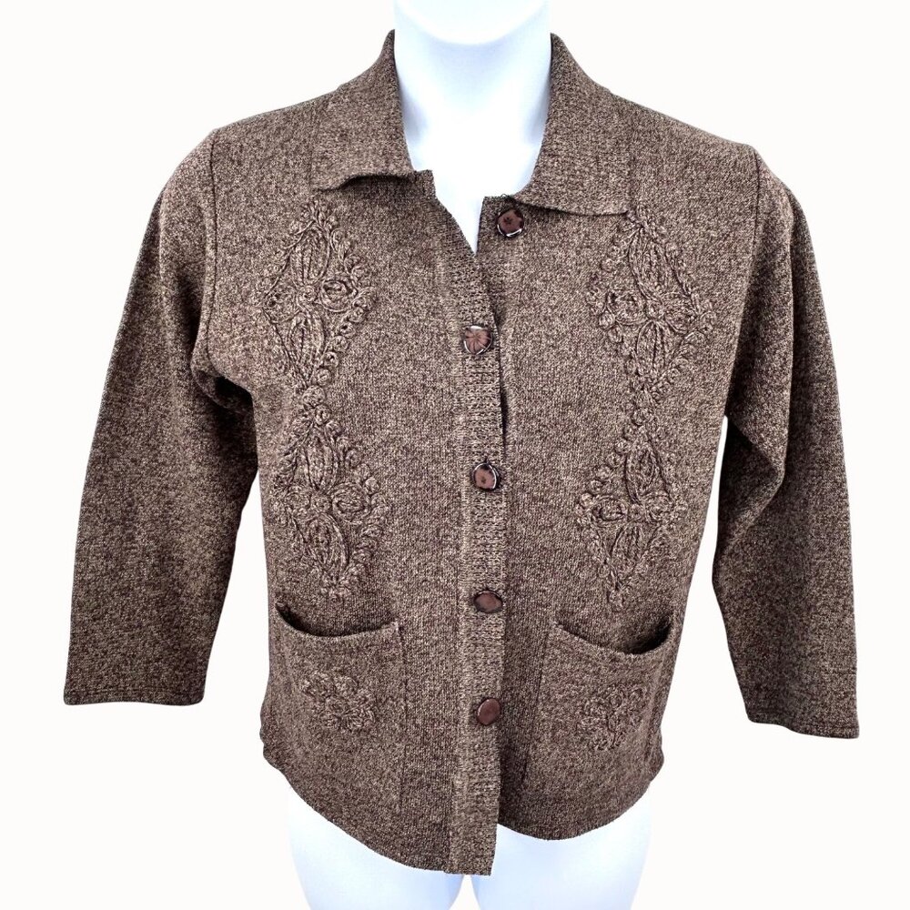 VTG T.C FASHION BROWN KNIT COLLARD CARDIGAN SWEATER EMBROIDERED DETAIL / POCKETS